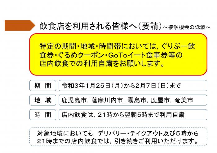 飲食店を利用される皆様へ（要請）～接触機会の低減～