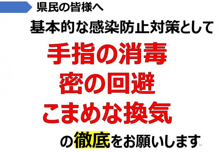 県民の皆さまへ：手指の消毒，密の回避，こまめな換気の徹底を